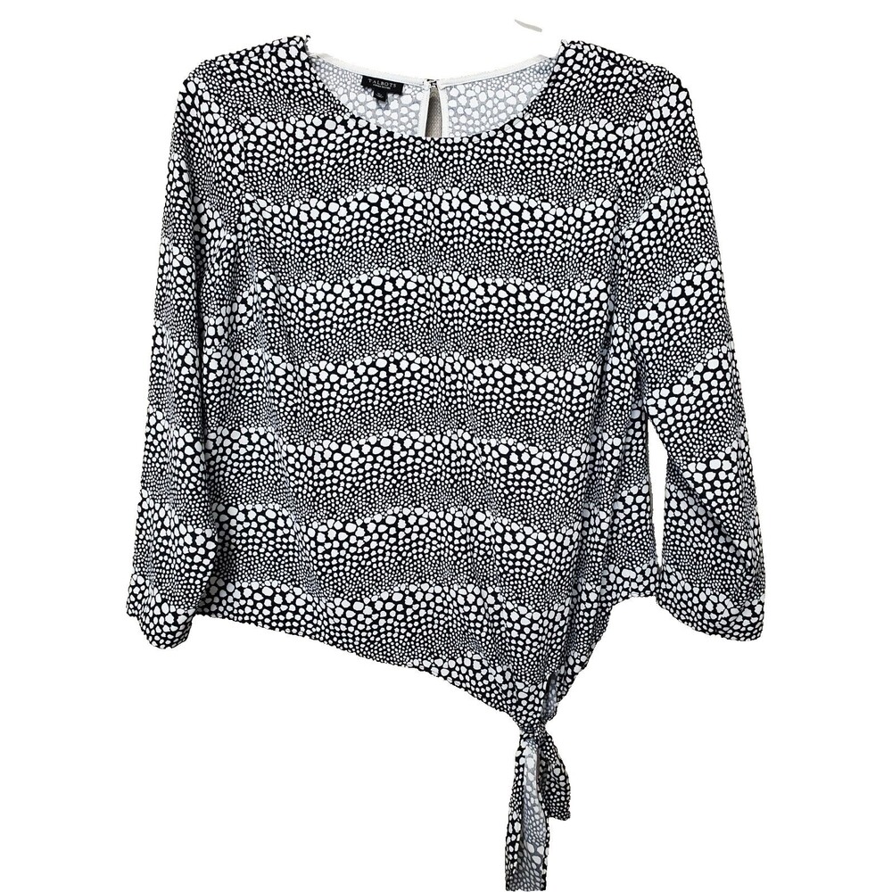 TALBOTS Woman Petites Side-Tie Black & White Ditsy Dots Print Blouse Size XP